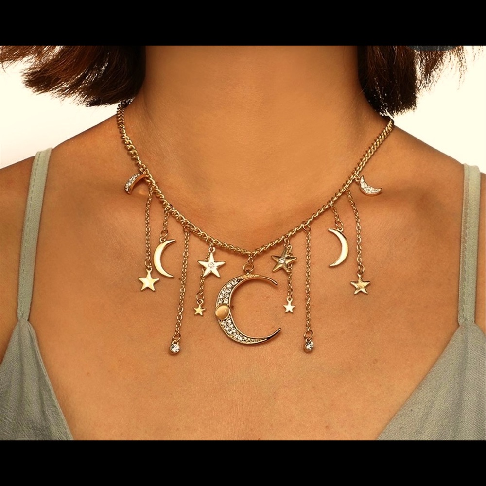 Gold Moon & Stars Choker Dangling